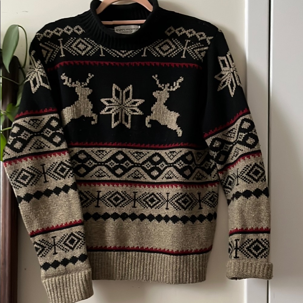 Men's Black and Tan Sweater with Reindeer Pattern